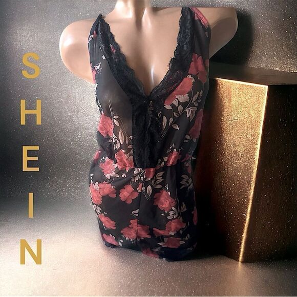 Retired SHEIN Romper Teddy l Black l Plunging Neckline l Lace l Sheer l 4X - Picture 1 of 11